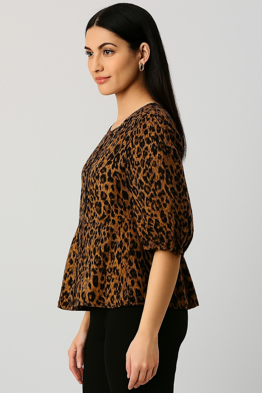 Black Tiger Print Cotton Peplum Top