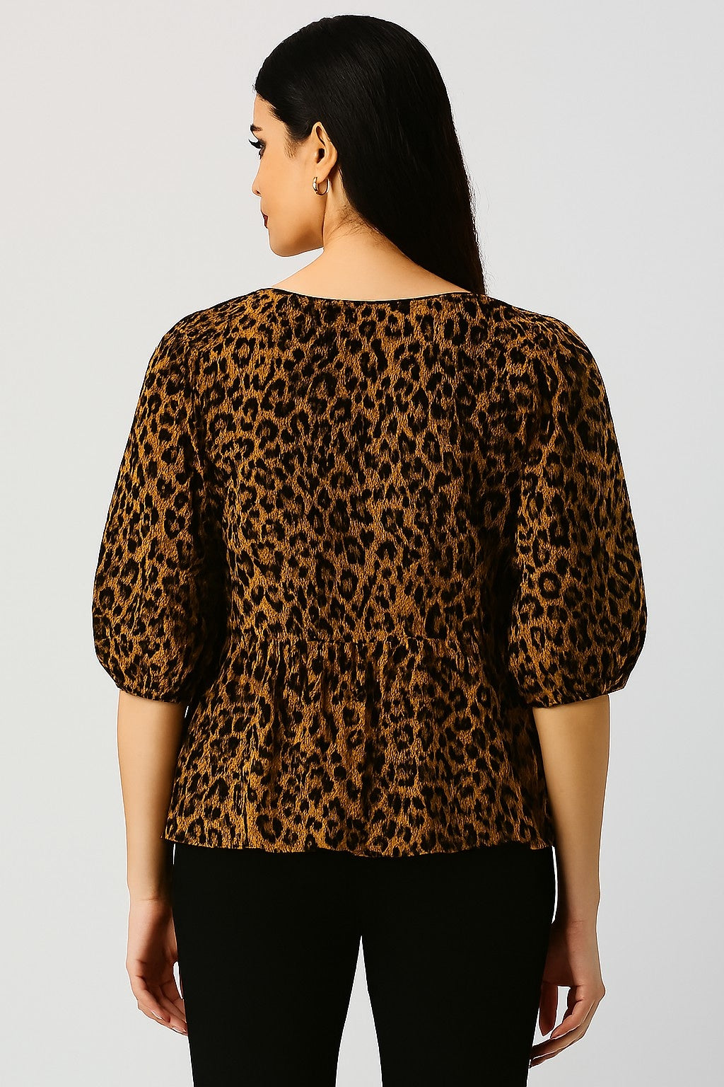 Black Tiger Print Cotton Peplum Top