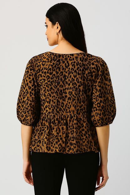 Black Tiger Print Cotton Peplum Top