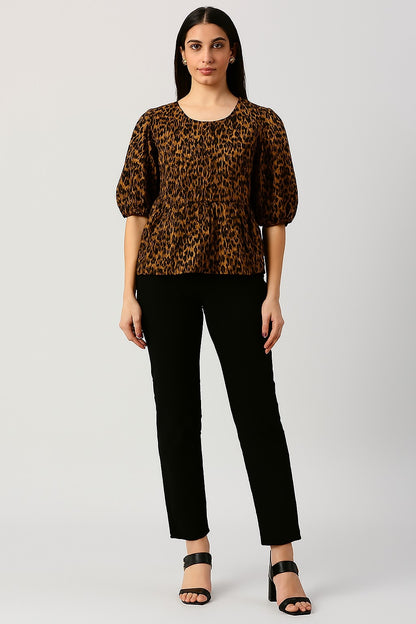 Black Tiger Print Cotton Peplum Top