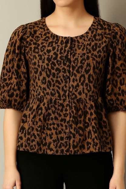 Black Tiger Print Cotton Peplum Top