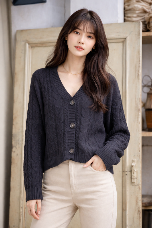 Black Knitted Button-Down Acrylic Cardigan