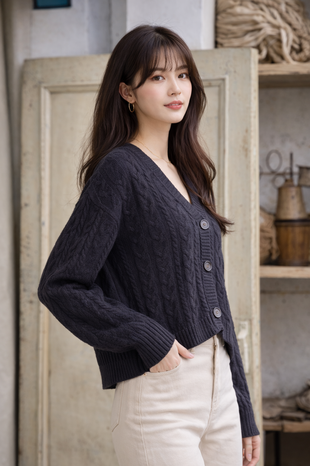 Black Knitted Button-Down Acrylic Cardigan