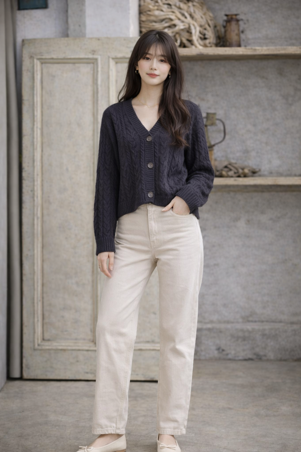Black Knitted Button-Down Acrylic Cardigan