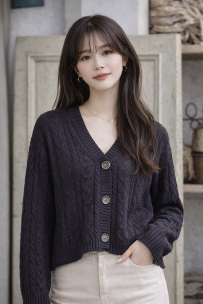 Black Knitted Button-Down Acrylic Cardigan