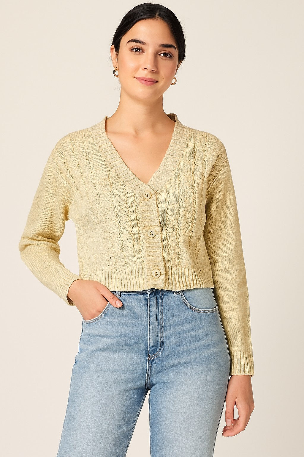Brown Knitted Button-Down Acrylic Cardigan