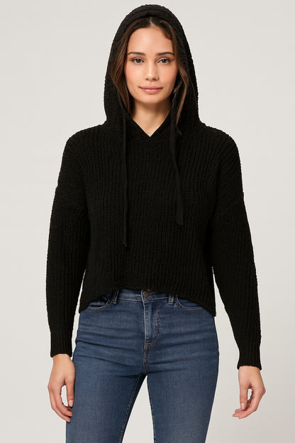Black Knitted Acrylic Hoodie Sweater