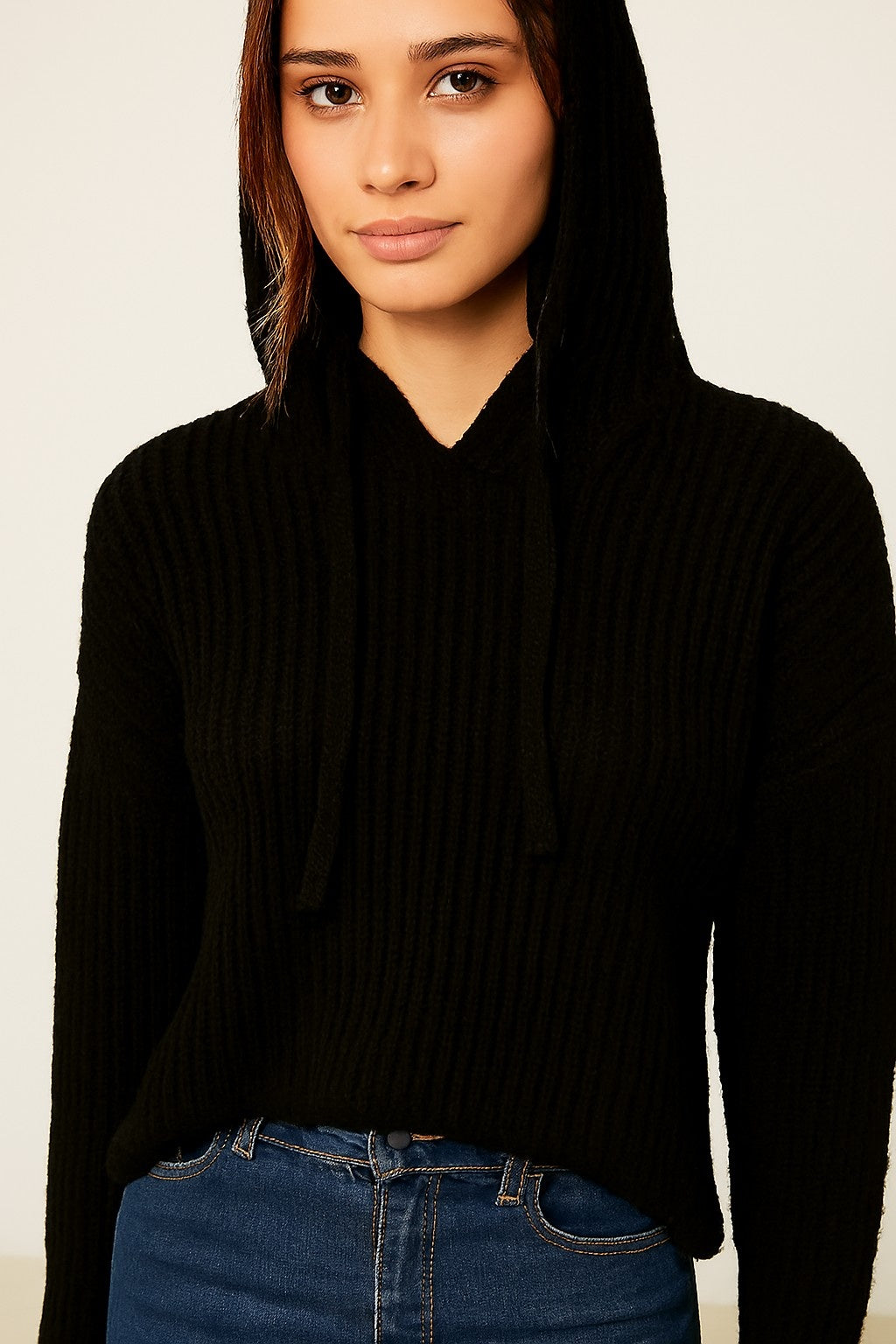 Black Knitted Acrylic Hoodie Sweater