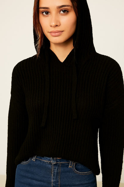 Black Knitted Acrylic Hoodie Sweater
