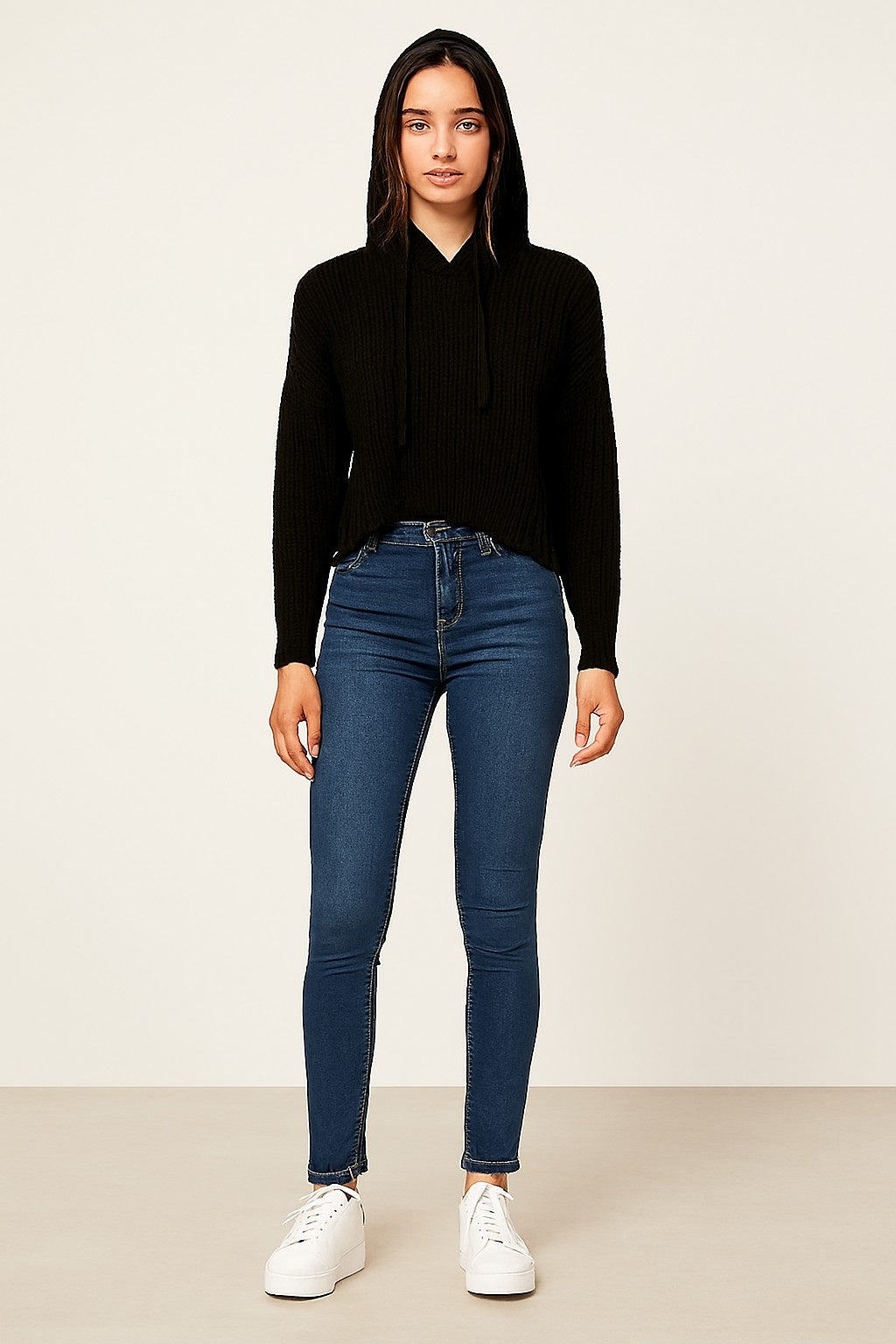 Black Knitted Acrylic Hoodie Sweater