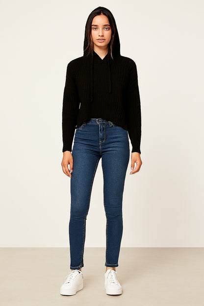 Black Knitted Acrylic Hoodie Sweater