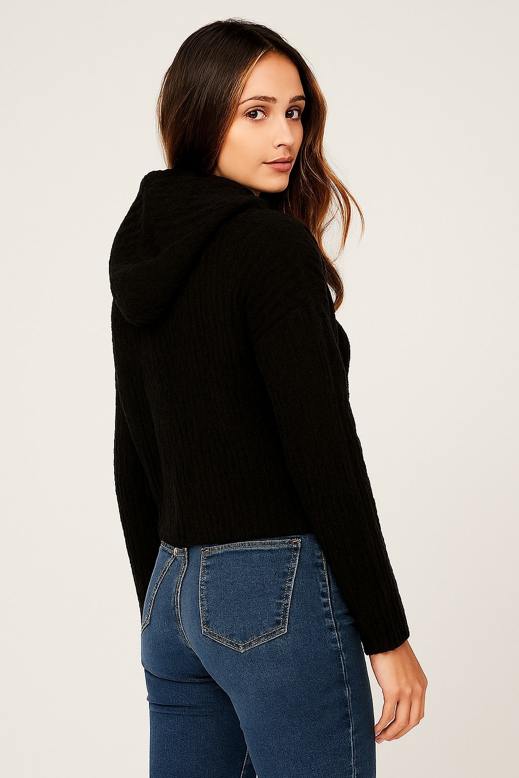 Black Knitted Acrylic Hoodie Sweater