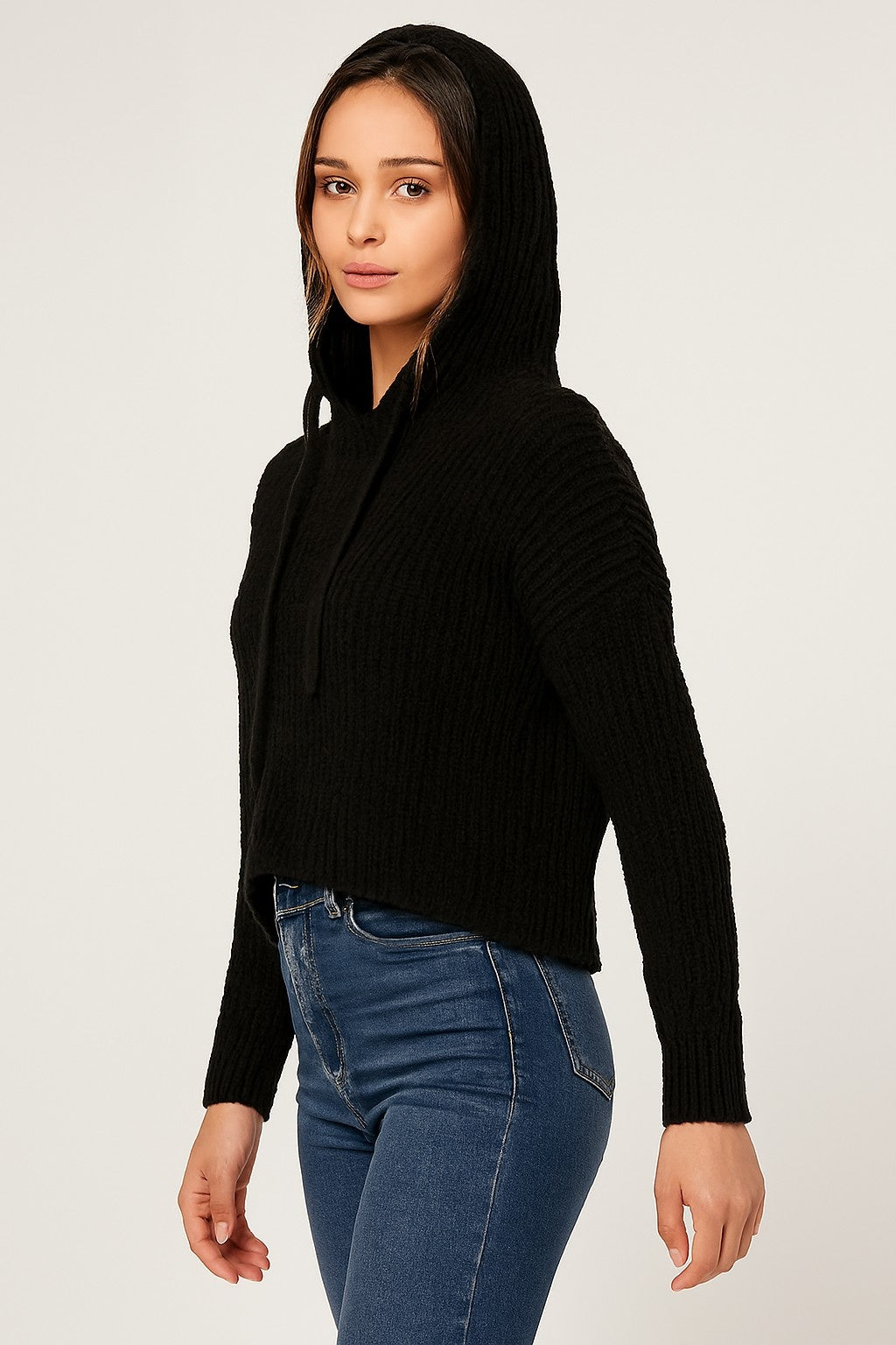 Black Knitted Acrylic Hoodie Sweater