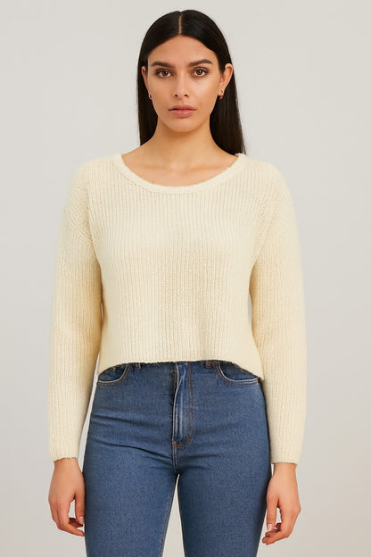 Full Sleeve Cream Knitted Acrylic Sweater