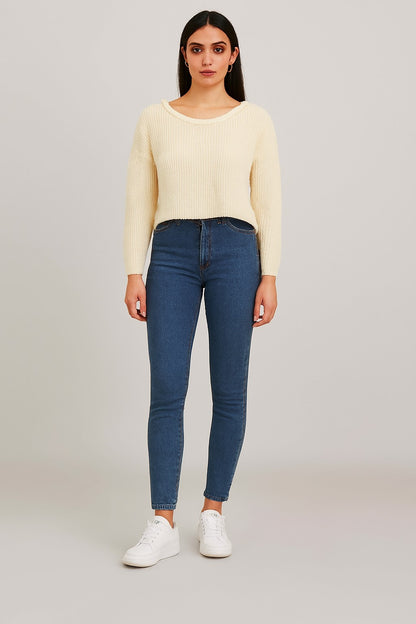 Full Sleeve Cream Knitted Acrylic Sweater