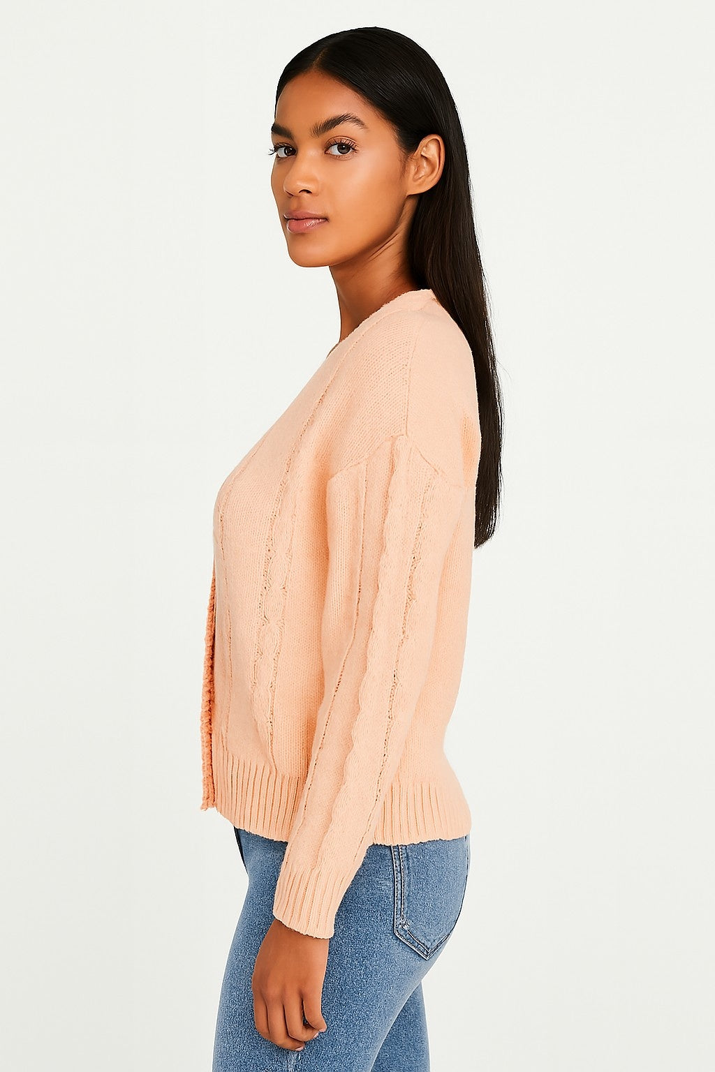 Rose Pink Down Shoulder Knitted Acrylic Cardigan
