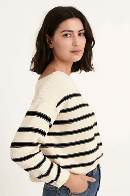 Cream Striped Down-Shoulder Sweater