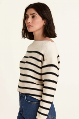 Cream Striped Down-Shoulder Sweater