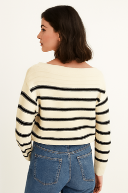 Cream Striped Down-Shoulder Sweater