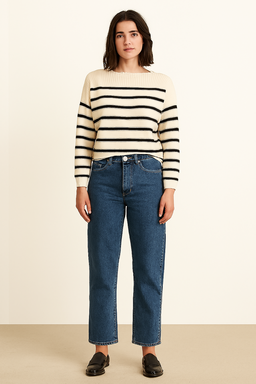 Cream Striped Down-Shoulder Sweater