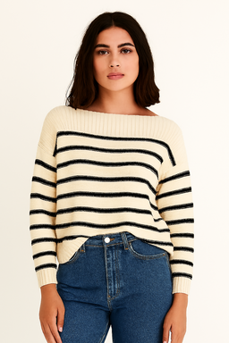 Cream Striped Down-Shoulder Sweater