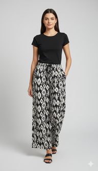 Striped Wide-Leg Rayon Palazzo Pants with Pockets Black