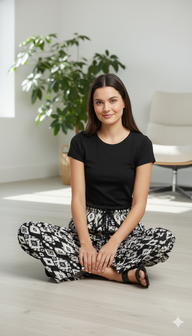 Striped Wide-Leg Rayon Palazzo Pants with Pockets Black