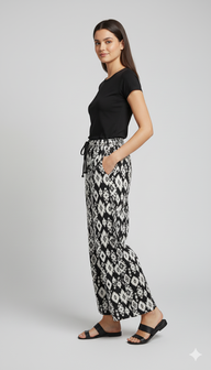 Striped Wide-Leg Rayon Palazzo Pants with Pockets Black