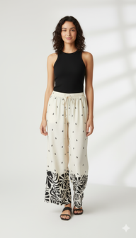 Striped Wide-Leg Rayon Palazzo Pants with Pockets Cream