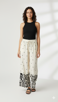 Striped Wide-Leg Rayon Palazzo Pants with Pockets Cream