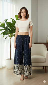 Striped Wide-Leg Rayon Palazzo Pants with Pockets Dark Blue