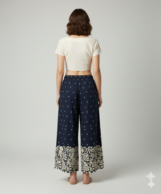 Striped Wide-Leg Rayon Palazzo Pants with Pockets Dark Blue