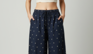 Striped Wide-Leg Rayon Palazzo Pants with Pockets Dark Blue