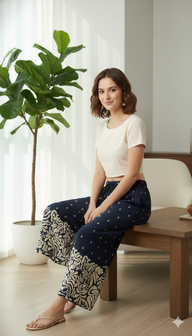 Striped Wide-Leg Rayon Palazzo Pants with Pockets Dark Blue