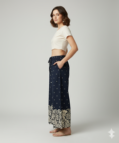 Striped Wide-Leg Rayon Palazzo Pants with Pockets Dark Blue