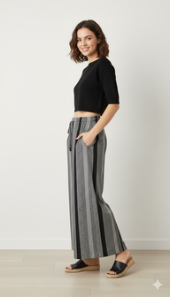 Striped Wide-Leg Rayon Palazzo Pants with Pockets Dark Grey