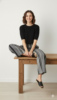 Striped Wide-Leg Rayon Palazzo Pants with Pockets Dark Grey