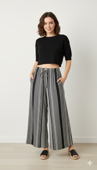 Striped Wide-Leg Rayon Palazzo Pants with Pockets Dark Grey