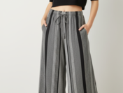 Striped Wide-Leg Rayon Palazzo Pants with Pockets Dark Grey
