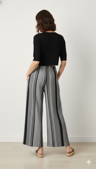 Striped Wide-Leg Rayon Palazzo Pants with Pockets Dark Grey
