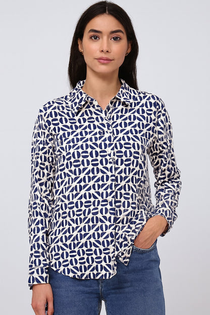 Polyester Dark Blue Printed Loose Fit Shirt