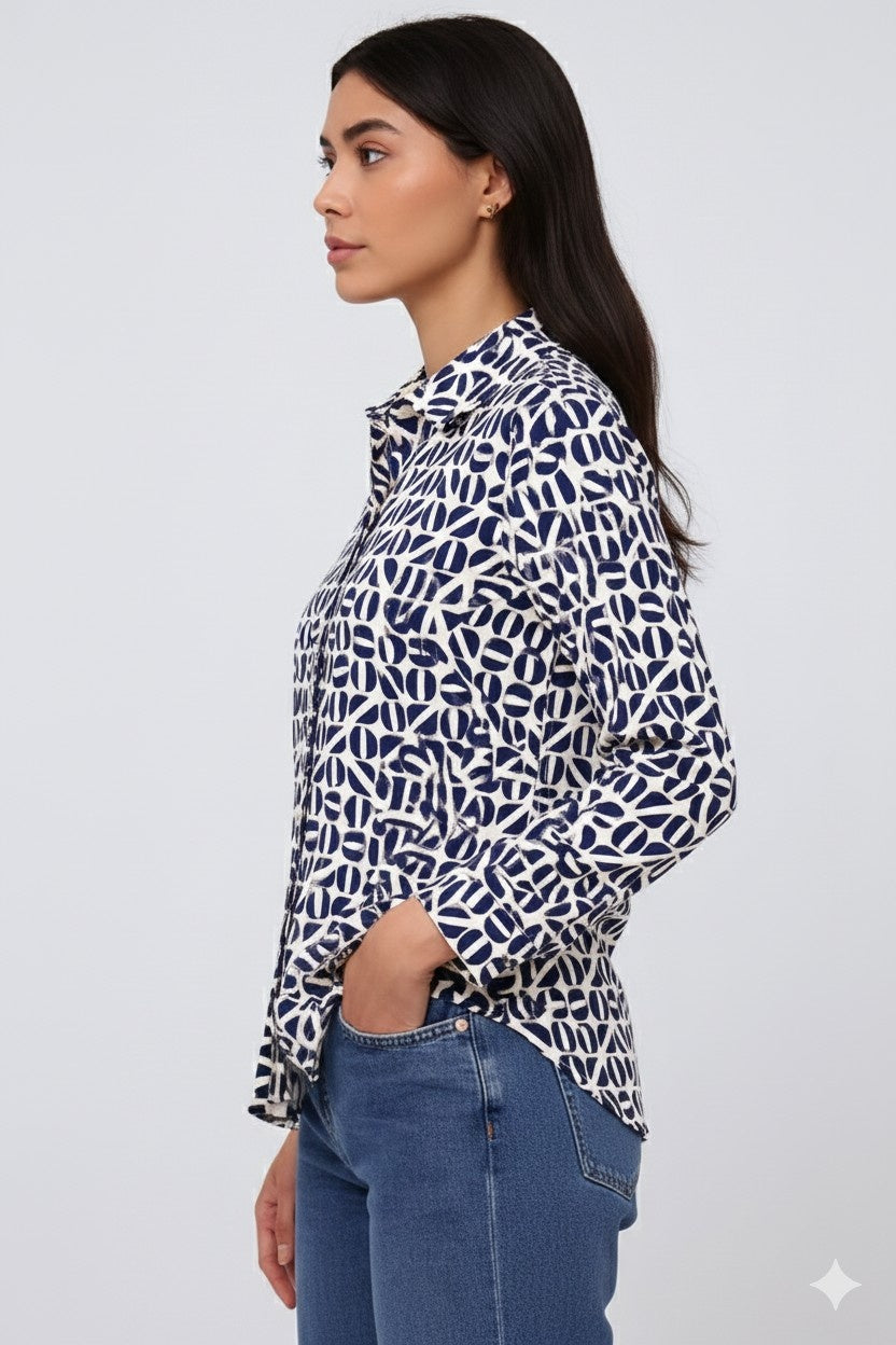 Polyester Dark Blue Printed Loose Fit Shirt