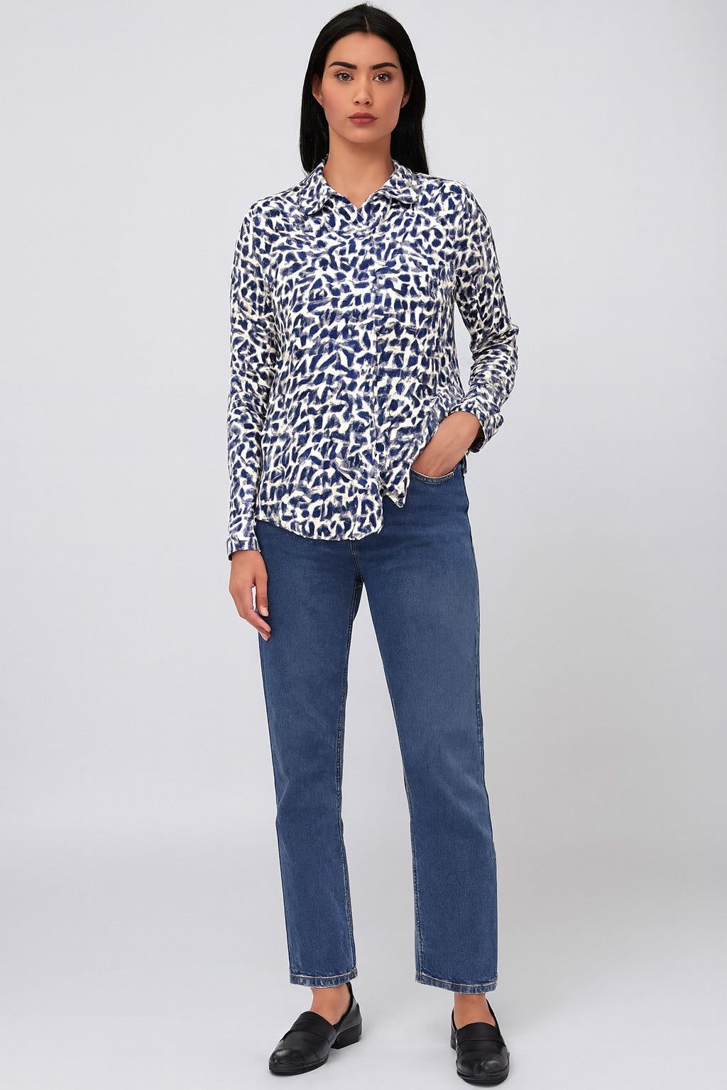 Polyester Dark Blue Printed Loose Fit Shirt