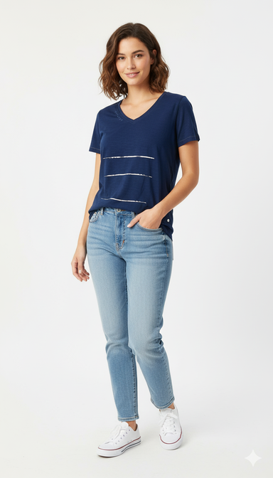 Dark Blue Cotton V-Neck T-Shirt