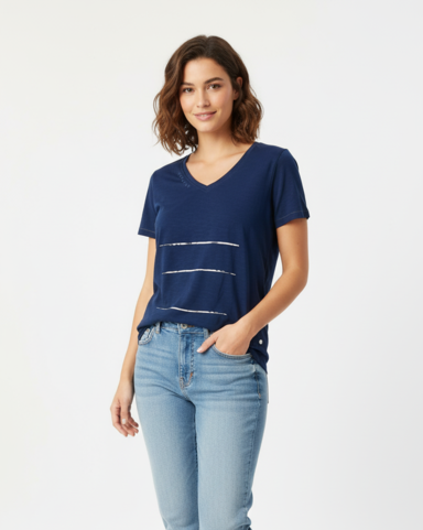 Dark Blue Cotton V-Neck T-Shirt