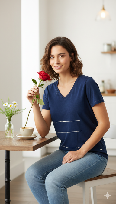 Dark Blue Cotton V-Neck T-Shirt