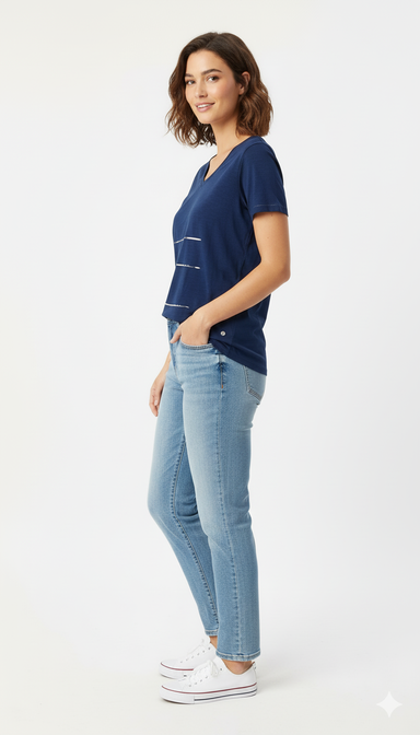Dark Blue Cotton V-Neck T-Shirt