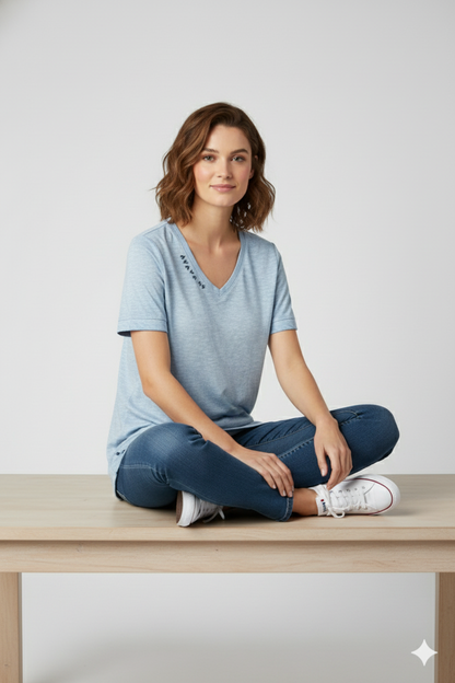 Sky Blue Cotton V-Neck T-Shirt