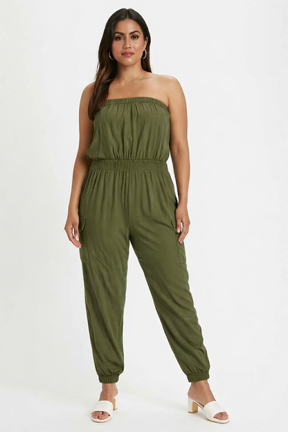 Solid Dark Green Tube Jumpsuit | Strapless Elastic Waist Casual Full-Length Jumpsuit