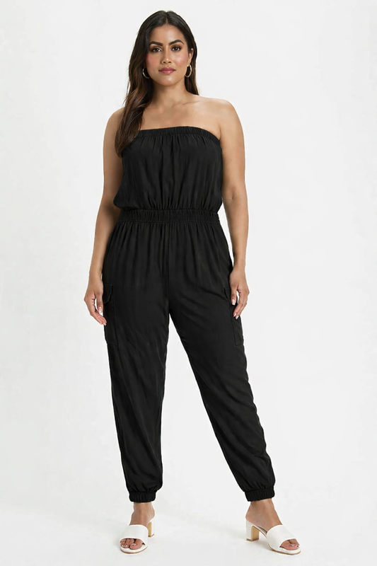 Solid Black Tube Jumpsuit | Strapless Elastic Waist Casual Full-Length Jumpsuit